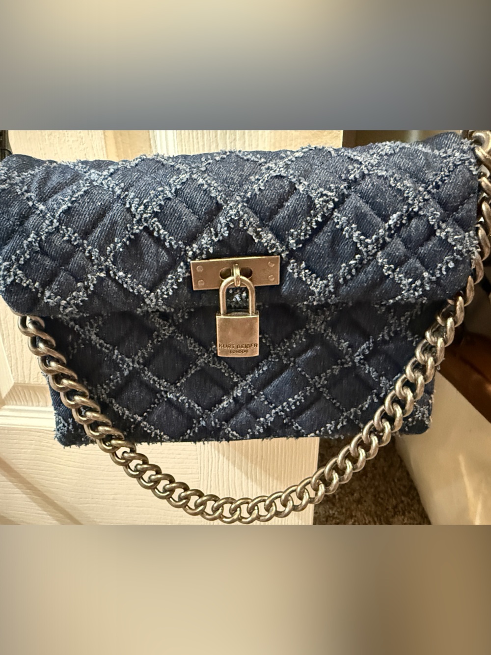Kurt Geiger Quilted Denim-Blue Chain Shoulder Bag